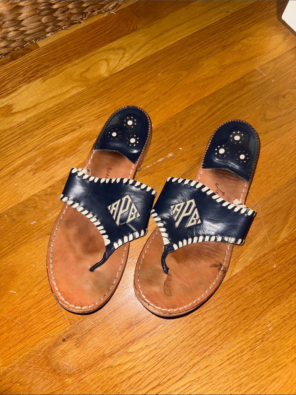 Jack Rogers Navy Leather Thong Sandals with White Whipstitch